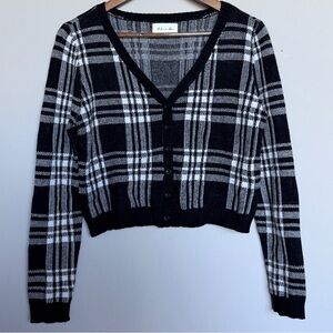Active USA Plaid Cropped Cardigan Sweater | Black & White | Size L